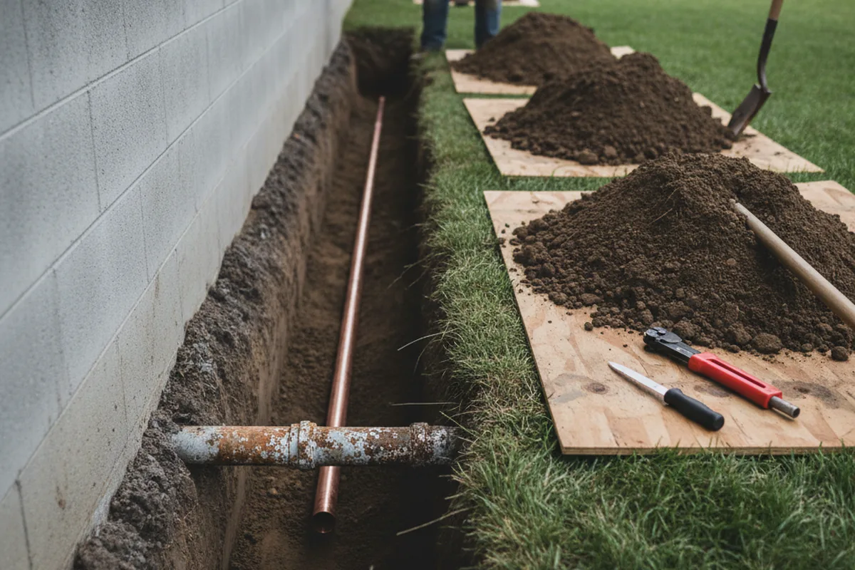 Excavated water line trench during Water Softener Installation in Davidson